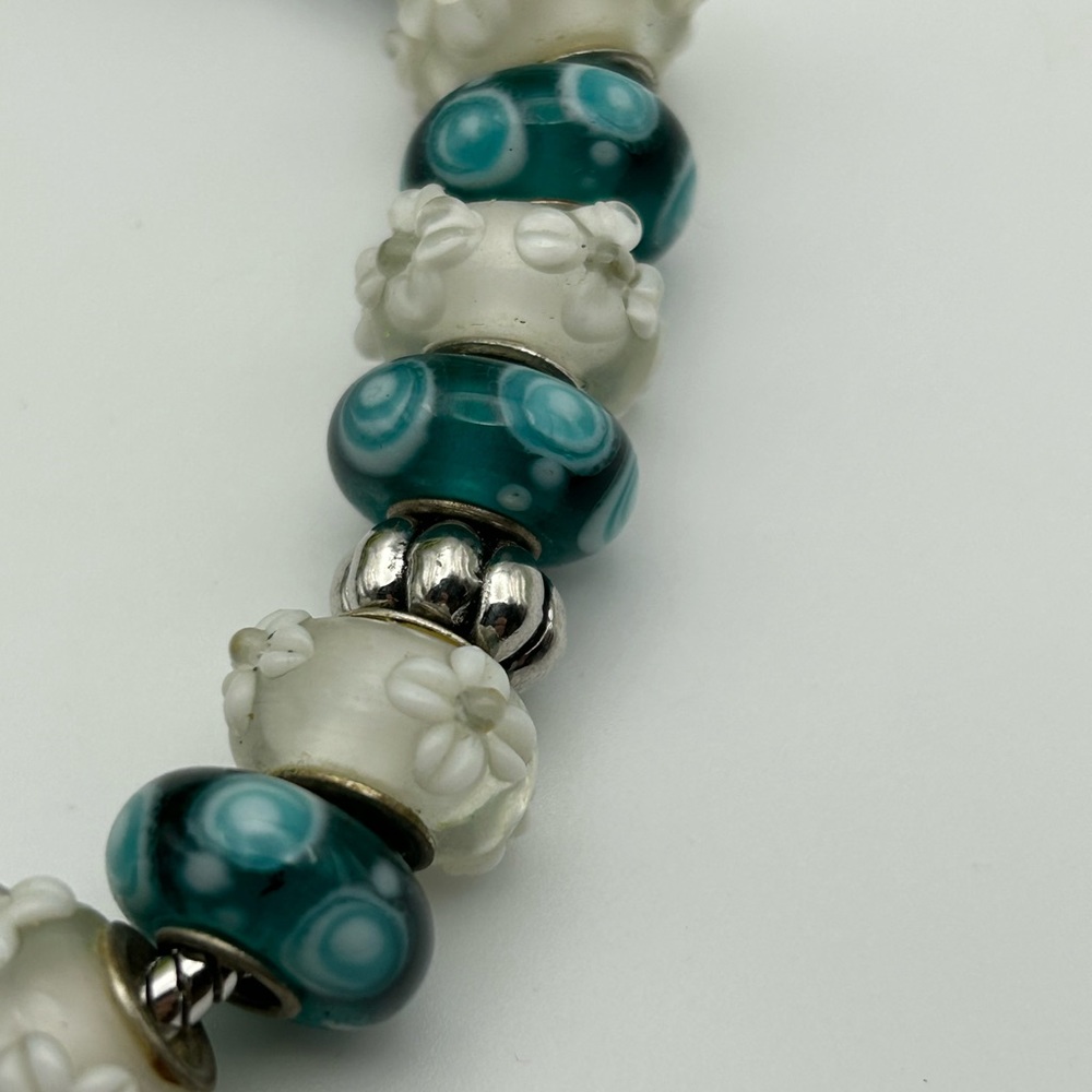 Artesian lampwork glass BoHo bracelet Teal White Murano Glass Rustic Chunky - Picture 3 of 4